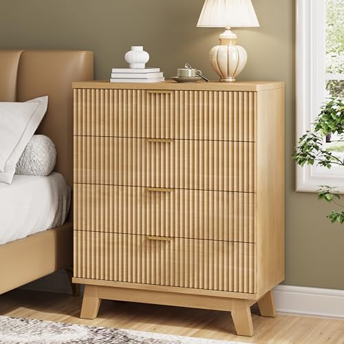 Image of Xixini Fluted Nightstand, 31.5 inch Wide Side Table with 4 Large Storage Drawers, Mid Century Modern Wood Night Stand with Metal Handle, Wooden Bedside End Table for Bedroom, Natural Oak