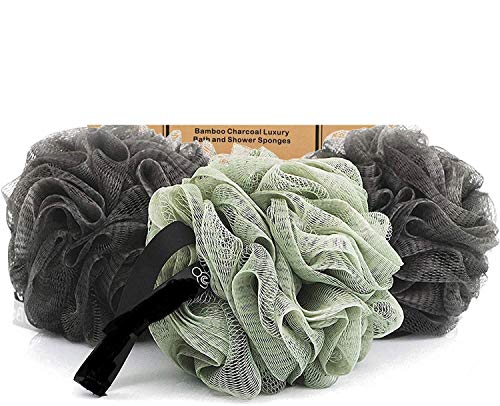 Large 70g Loofah Sponge, Body Scrubber, Bath Sponge, Luxury Loofah for Women, Men | Gentle Exfoliating Sponge - Body Wash Shower Pouf with Activated Charcoal - Lots of Lather for Bath, Shower, 3 Pack