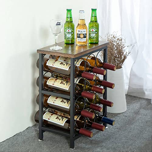 Fhesap Rustic 12 Bottles Wine Holder Rack Tabletop Wine Racks Countertop Wine Bottles Organizer Stand Tabletop Liquor Storage Shelf Wood & Iron, Small Bar Rack, 14.17L X 8.66W X 19.68H Inches #TOP4