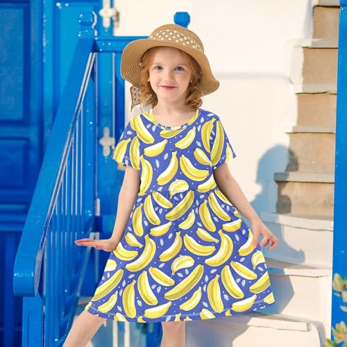 Girls' Short-Sleeve Dress, Banana Fruit Print Summer Dresses, Toddler Casual Sundress 2T3