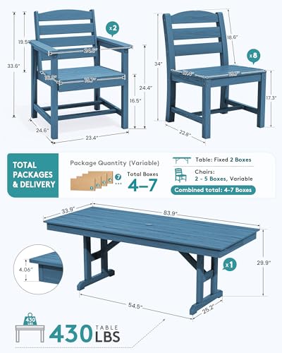 Image of SERWALL 9 Piece 84 inch HDPE Outdoor Dining Set with 6 Armless Chairs, 2 Armchairs and Umbrella Hole for 8, Blue