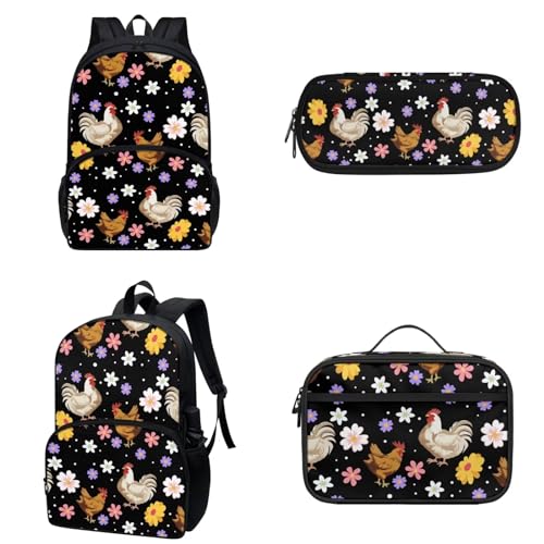 Gomyblomy Chicken Print School Backpack for Teen 3Piece School Bags Set with Lunch Box and Pencil Case Lightweight Kids Girls School Bookbag Travel Daypack Purse2