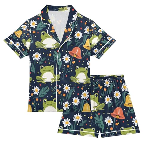senya Frogs Flowers Bell Satin Summer Pajama Sets Silk Short Sleeve Button Down Sleepwear