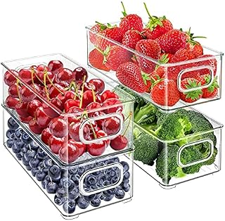 BIWHALE Fridge Organiser Set of 4, Stackable Storage Box, Small Refrigerator Organizer Bins with Handles for Kitchen, Freezer, Pantry, Cupboards - Clear BPA-Free Storage Container