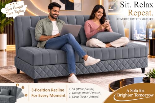 Image of 3-Seater Velvet Sofa Cum Bed | Tufted Convertible Sleeper Sofa | Plush Cushioned Seating | Space-Saving Design for Living Room, Bedroom & Office | Grey