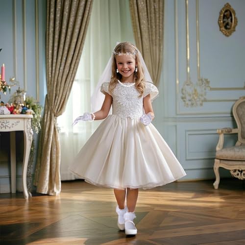 Lystaii 7 Pcs Girls First Communion Veils Set First Holy Communion Floral Crown White Wreath Bow Veil Gloves Sock Pearl Necklace Bracelet Earring Accessories for Wedding4