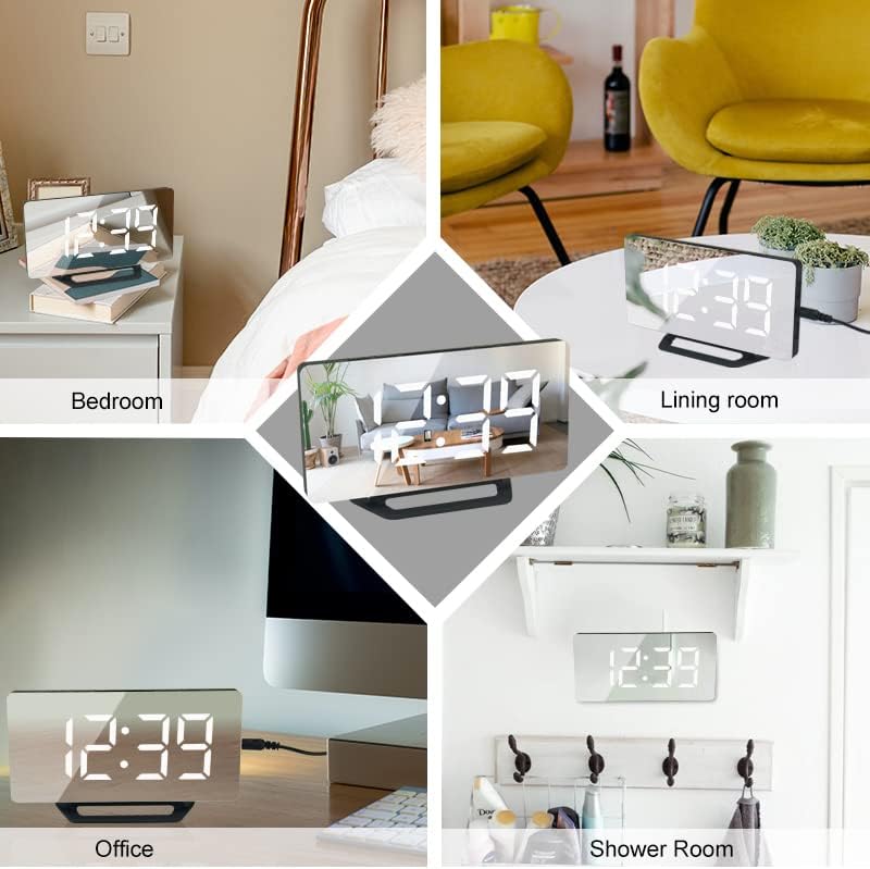 Miniatura 8 de Reloj despertador de superficie de espejo digital LED, puerto de carga USB doble, repetición, detección de temperatura interior y brillo