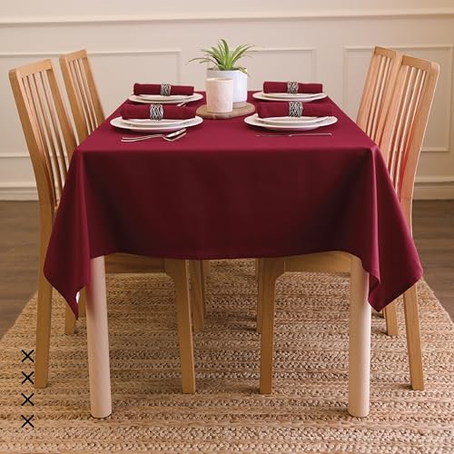 Image of Encasa XO Dining Table Cover Cloth for 4 to 6 Seater | 140x180 cm Cotton Canvas Rectangular Table Cloth | Machine Washable Tablecloth for Indoor & Outdoor Use - Rich Maroon Solid Color