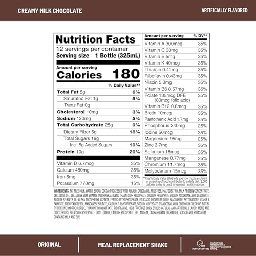 slimfast meal replacement shake original creamy milk chocolate 10g of ready to drink protein 11 fl oz bottle 4 count pack of 3 packaging may vary