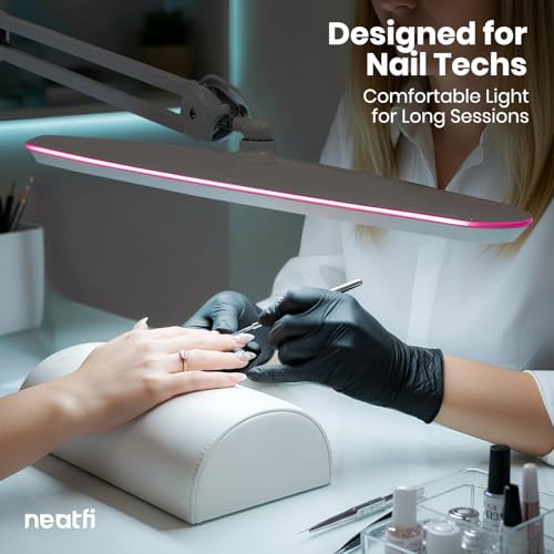 Image of Neatfi XL 2,200 Lumens 24W LED Desk Lamp - 23 inch Wide Shade | Dimmable Eye-Caring Task Light | Adjustable Arm | Home Office, Study, Crafts & Nail Tech (White with Pink Ring, Non-CCT with Clamp)