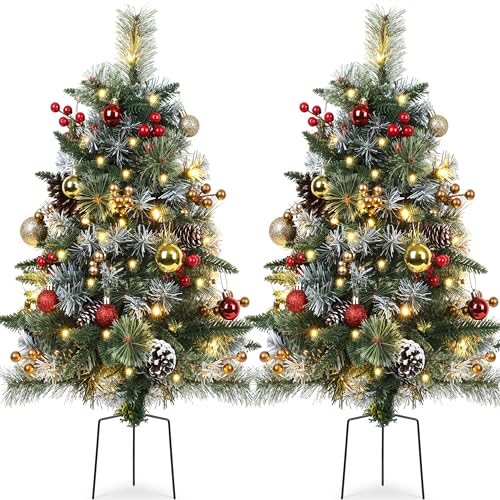 TOWPONICS Set of 2 Outdoor Pathway Christmas Trees with Lights, Frosted Twinkle Small Easy Christmas Tree for Driveway, Entrance, Urn & Pot Filler, Front Porch, Yard, Garden Outside Holiday Decoration