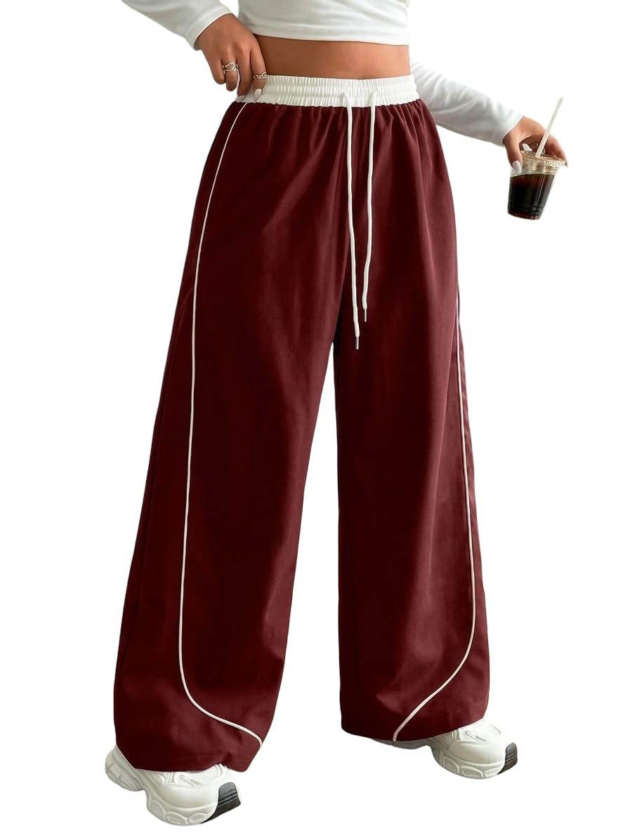 Womens Wide Leg Track Pants, High Rise Elastic Waistband with Drawstring, Solid with Contrast Piping, Casual Athleisure Streetwear-picture-42