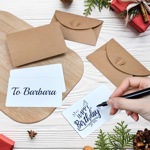 Zuxbolf 100 Stück Kraftpapier Umschläge mit kleine Karten zum Beschriften Mini Briefumschläge mit Herz Verschluss Grußkarten Blanko für Geschenkkarten Gutscheine Dankeskarte Geburtstag Weihnachten