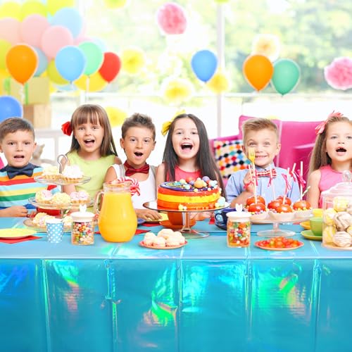 Image of 3 Pack Blue Plastic Tablecloth, Disposable Rectangle Table Covers, Holographic Metallic Foil Tablecloth Light Blue Party Supplies Decorations for Birthday Graduation Ocean Under the Sea, 54x108Inch