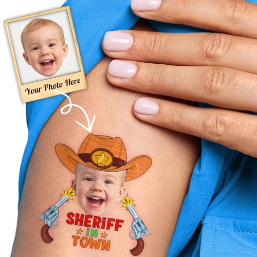 Image of Custom Cowboy Temporary Tattoos for Kids, Set of 20 | Personalized Pre-Cut Face Photo, Birthday Party Favors, For Boys & Cowboy Lovers, Unique Celebration Gifts