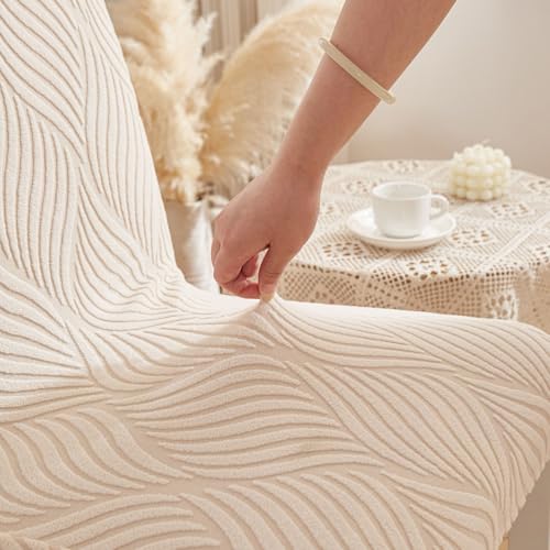 Image of HOMETHREADS Elastic Jacquard Chair Cover - Stretchable, Removable & Washable Short Dining Chair Slipcover | Durable Seat Protector for Kitchen, Dining Room & Banquet Chairs (Cream, Pack of 8)