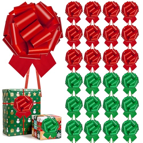 Deffdns 24 PCS Christmas Bows for Gift Wrapping,5 inch Large Xmas Holiday Pull Bows for Present,Gift Baskets,Wine Bottles,Bouquet,Christmas Wrapping Decorations [Red Green]