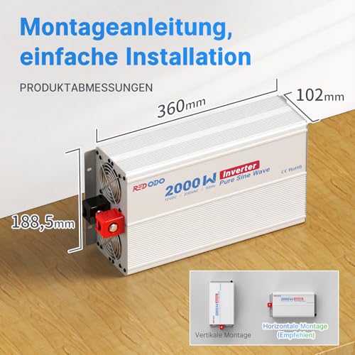 Redodo Reiner Sinus-Wechselrichter 2000W 2V DC zu 230V AC Konverter für Womo, Camping, Solarstrom-Wechselrichter mit 2*AC Ausgängen, Überwachungsbildschirm mit Echtzeit-Statusanzeige