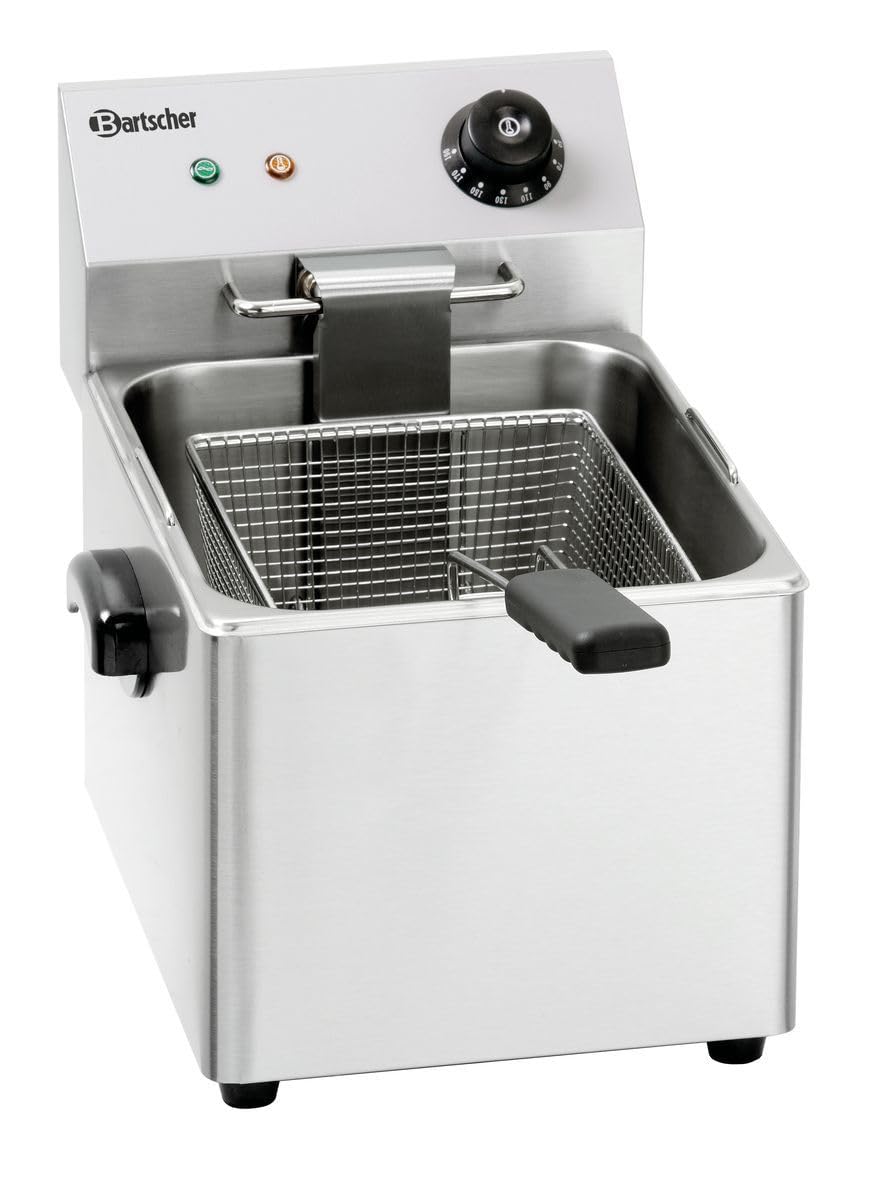 Bartscher Fritteuse SNACK III Elektro-Tischgerät aus Edelstahl, 8 l Beckenvolumen, 5,5 l Korb, für Gastronomie, manuelle Temperaturregelung, silbergrau
