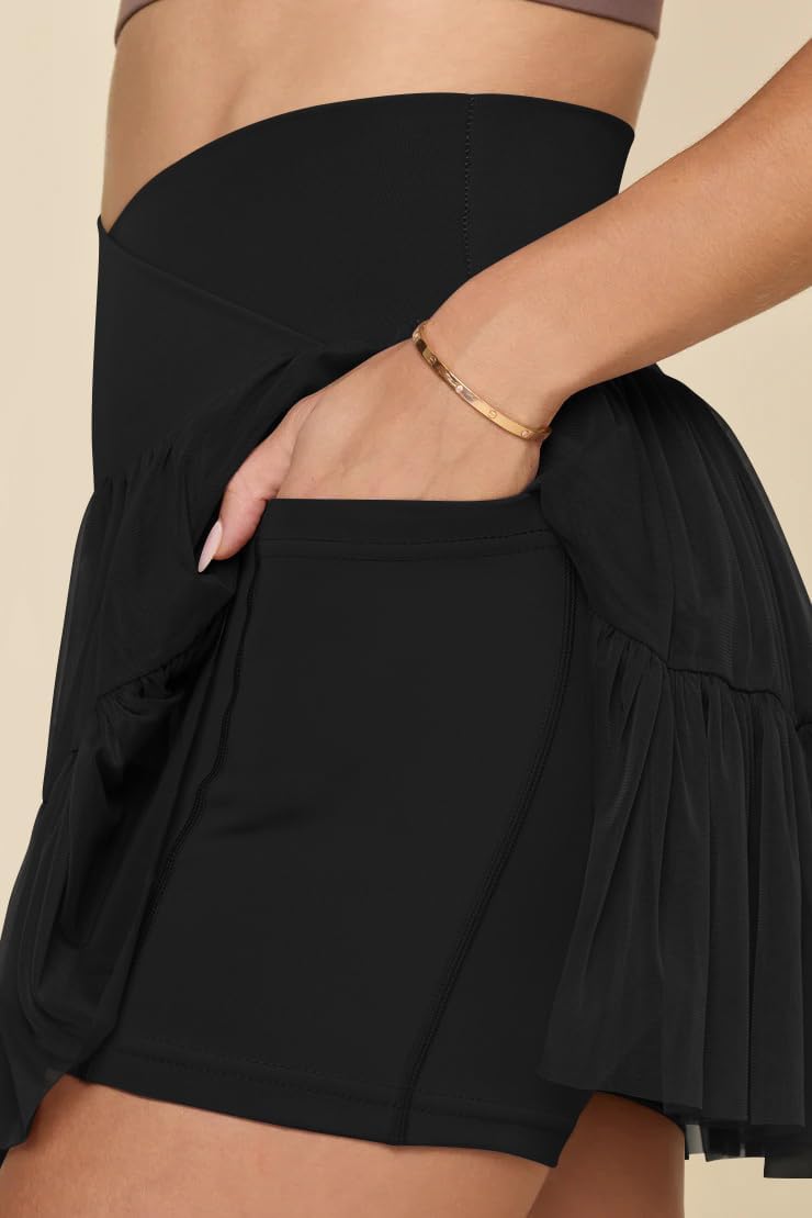OQQ Women's Mini Skirts 2 in 1 Mesh Flowy Pleated V-Shaped Crossover Waistband Casual A-Line Skirt with Pockets - Image 4