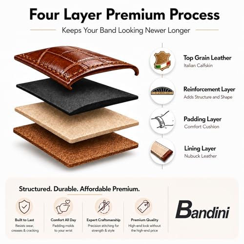 Image of Bandini Mens Leather Watch Band - Extra Long & Regular, Premium Top Grain Alligator Embossed Strap, Durable Upgrade Replacement, Comfortable Leather, Fits Large Wrists, 18mm to 38mm