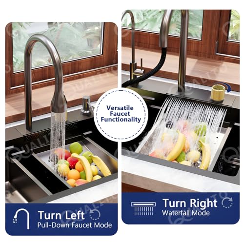 Image of TrueSink 24x18 Multifunction Sink | Waterfall and 3 Type Water Outlet Pull Out Faucet Waterfall Kitchen Sink | Anti Scratch Honey Comb Design Smart Sink with Automatic Cup Washer