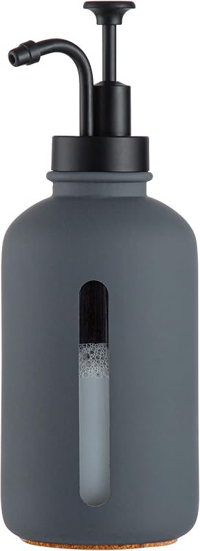 Dispensador de jabón Enra Grey, dispensador de loción de vidrio de 17 oz para baño | Botella de 17oz con un moderno aspecto gris oscuro. Ideal para jabón o loción de manos en encimeras de baño con recambios fáciles.