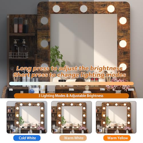 Garveehome Vanity Desk with Mirror and Lights, Makeup Vanity with Power Outlet & Cushioned Stool, 3 Lighting Modes Adjustable Brightness, Dressing Table with Hairdryer Holder for Bedroom, Rustic Brown