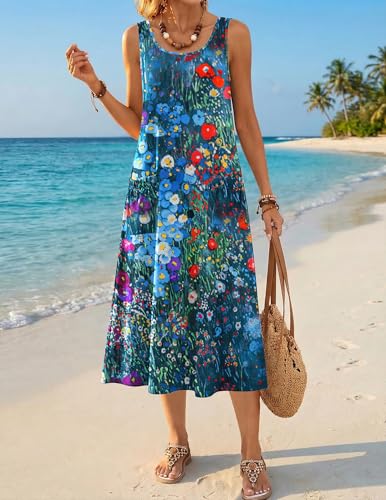 Image of Zeagoo Womens Summer Midi Dresses 2026 Casual Sleeveless Tank Sundresses A Line Crewneck Beach Vacation Dress with Pockets