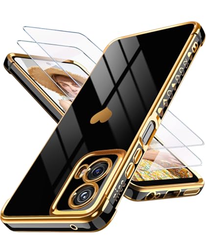 for Motorola Moto-G-5G-2024 Case with 2X Screen Protector,Girl Women Cute Girly Love-Heart Luxury Gold Soft Cover Camera Protection Bumper Silicone Shockproof Phone Case for Moto G 5G 2024 (Black）