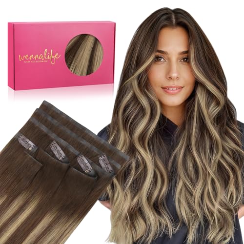 Image of WENNALIFE Invisible Edge Seamless Clip in Hair Extensions Real Human Hair | 18'' 130g 7pcs Balayage Chocolate Brown to Caramel Blonde. Thin PU Weft, Easy, Comfort Clip in Remy Hair Extensions