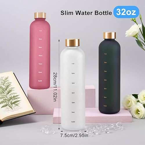 Miniatura 2 de Botella de agua de plástico de 32 onzas, botella de agua delgada con marcador de tiempo, 1 litro de gran capacidad marcado con tiempo lindo botellas