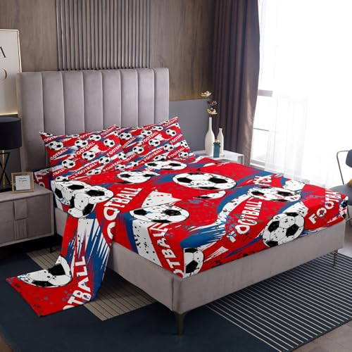 Homemissing Juego de sábanas deportivas de fútbol para niños, tamaño doble, para niños y adolescentes, juego de ropa de cama con sábana bajera ajustable y 2 fundas de almohada, juego de sábanas de