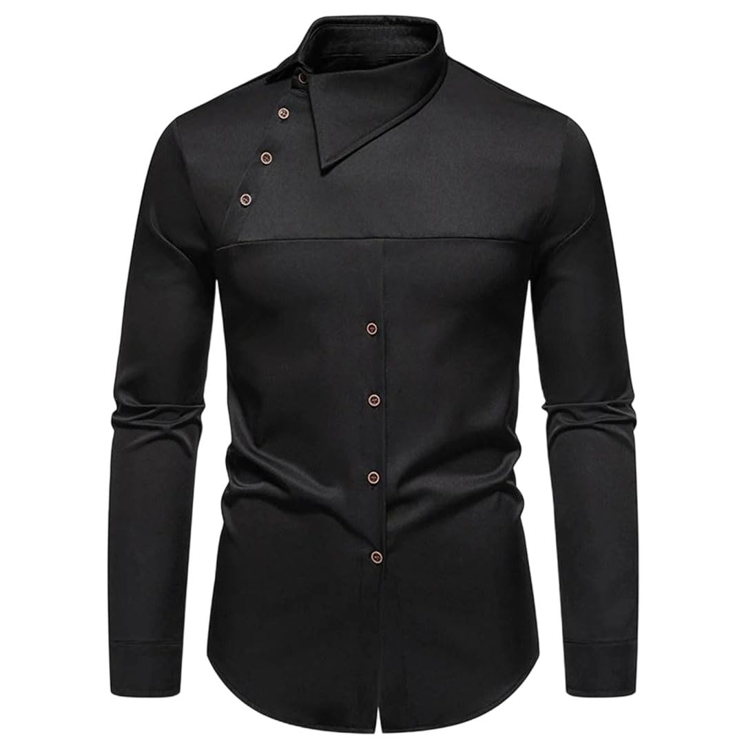 Pohullan Men Long Sleeve Slant Collar Dress Shirt Casual Male Daily Office Social Party Business Shirt