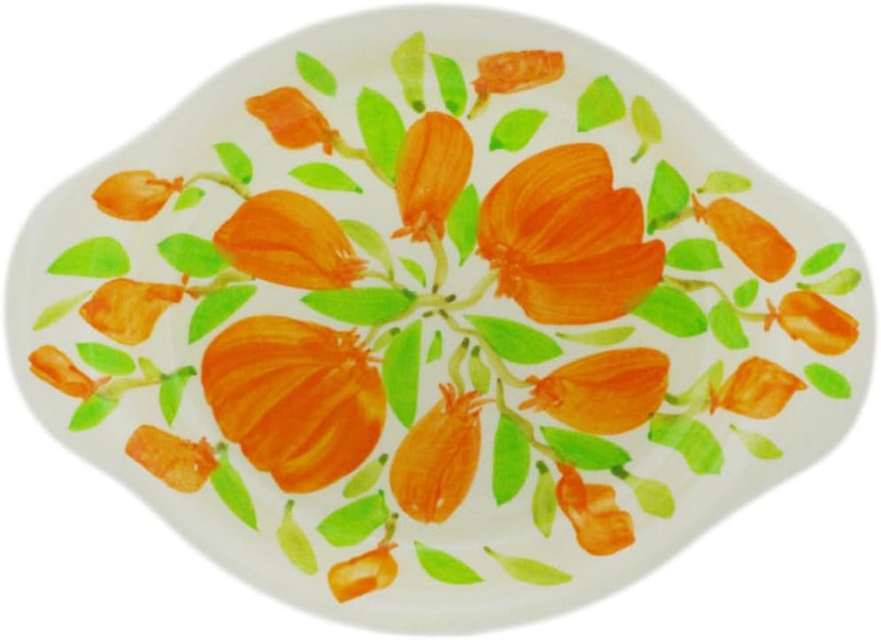 Polmedia Polish Pottery Platter with Handles 9-inch UNIKAT - Apricot Petals Pattern Handmade in Boleslawiec Poland by Ceramika Dalia + Certificate of Authenticity
