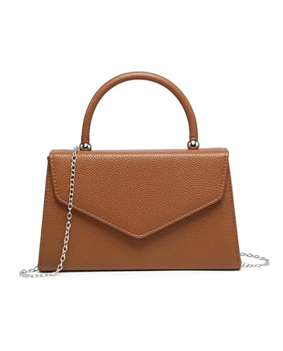 Prettyfix Women's Clutch Bag PU Leather Top Handle Evening Bag Party Purse Cocktail Prom With Adjustable Metal Chain (Brown)