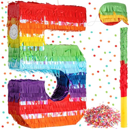 Piñata arc-en-ciel chiffre 5 déco anniversaire enfant avec bâton et confettis