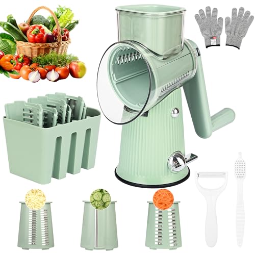 Image of Cheese Grater With Hand Crank Countertop For Kitchen，Grater Shredder With Handle For Kitchen Rotating，Vegetable Slicer，Nuts Grinder Cheese Shredder with Clean Brush(3 Blades Matcha Color)