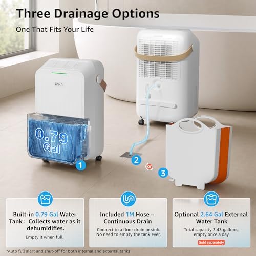 KNKA 2500 Ft² Max 34 Pints Dehumidifier for Basement with Drain Hose, White - 4