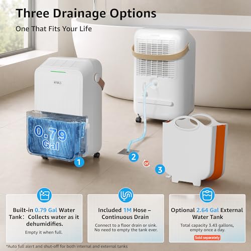Image of KNKA 2500 Ft Max 34 Pints Dehumidifier for Basement with Drain Hose, White | Dehumidifiers for Home, Bedroom, Bathroom, Large Room, Three Modes, Intelligent Humidity Control, Dry Clothes, 24HR Timer