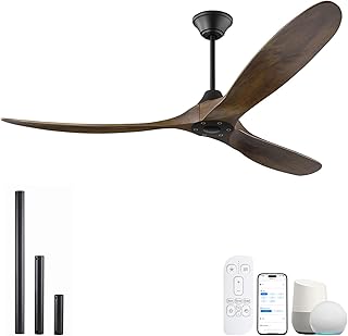 Outdoor Ceiling Fan without Lights for patio, 70 inch Large Propeller Smart Ceiling Fan with Alexa/App/Remote Control, High CFM 3 Blade Wooden Walnut Ceiling Fans no Light for Modern Rustic Farmhouse