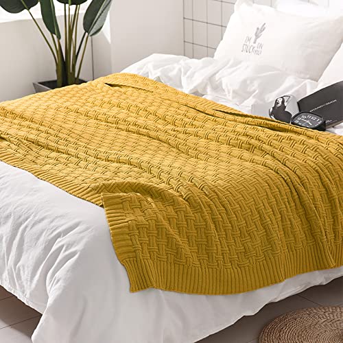 Image of TREELY 100% Cotton Knitted Throw Blanket 50 x 60 Inches, Mustard Yellow