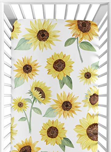Sweet Jojo Designs Fitted Baby Crib Sheets (Boho Floral Sunflower) for Girls, Infant Nursery, Toddler Room - Standard Size (Farmhouse, Watercolor, Flower, Botanical, Bohemian, Yellow, Green and Taupe)
