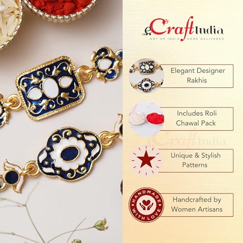 Image of eCraftIndia Set of 2 Blue & Golden Designer Rakhis, Best Bro Ever Fridge Magnet with Roli Chawal Pack - Rakhis for Brother, Bhabhi, Kids