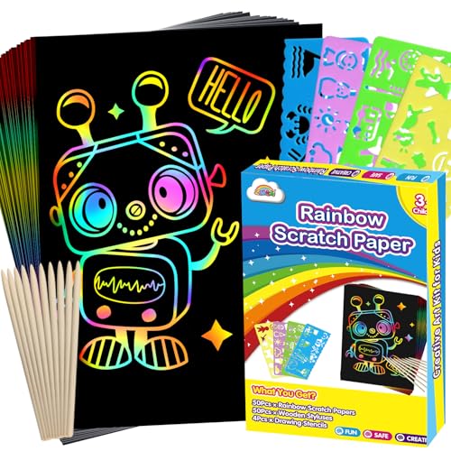 ZMLM Scratch Art Crafts Boys Gifts, 100pcs Rainbow Scratch Paper Art for 3 4 5 6 7 8 9 Years Old Girls and Boys Kids, Arts and Crafts for Kids 4-6 Christmas Gifts Toys and Party Favors (Blue)