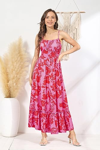 Image of GRACE KARIN Summer Dresses for Women 2026 Vacation,Smocked Floral Maxi Dress,Boho Beach Sundress with Pocket Fashion Clothing
