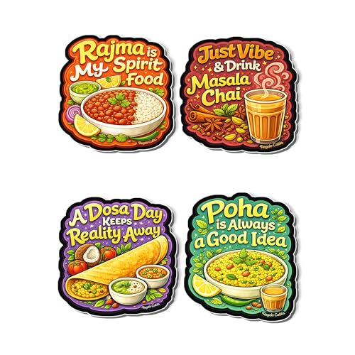 Image of Regalo Casila Indian Food Quotes Fridge Magnet 4 Pc Set Tourism Souvenir Wooden Travel Magnet Rajma Chai Dosa Poha Refrigerator Magnet Decorative Kitchen Decor Gift