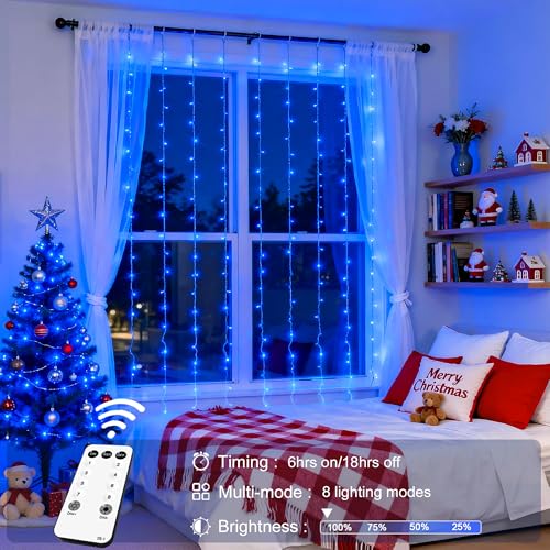 Image of JMEXSUSS 300LED Blue Curtain Lights, 9.8x9.8ft String Lights Indoor Outdoor