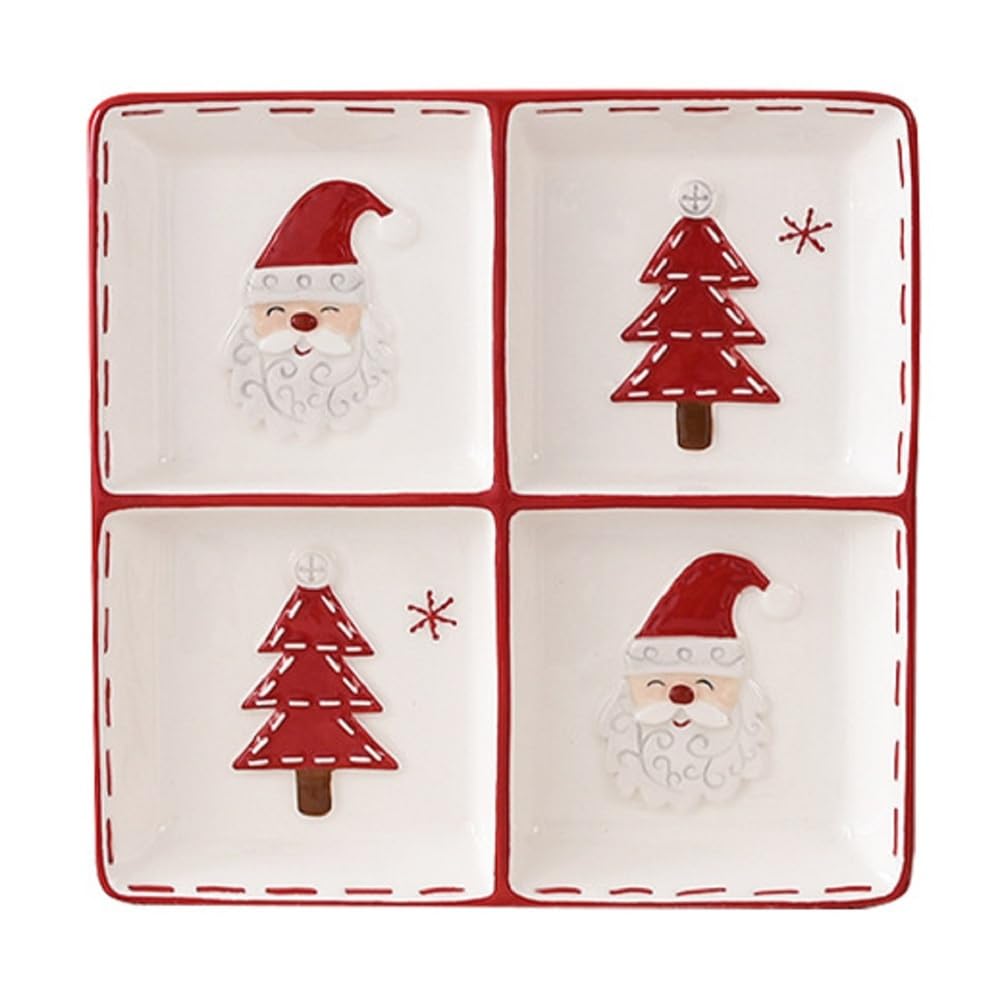 EdirFtra Christmas Ceramic Divided Plate, Christmas Themed Serving Dish, Ceramic 4-Compartment Serving Tray, Relish Serving Tray for Appetizers, Fruits, Snacks