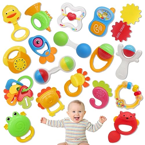 Image of Qizebaby 21PCS Baby Rattles Toys Set, Baby Toys 3-6 Months, Infant Grab and Shake Rattle, Sensory Teether, Music Learning Toys for 3 4 5 6 7 8 9 10 11 12 Month 1 Year Old Toys for Newborn Boys Girls